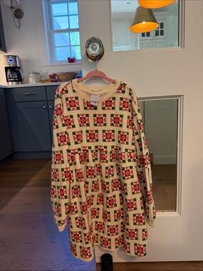 Hanna Andersson Cream Dress with Red & Green Quilt Blocks
